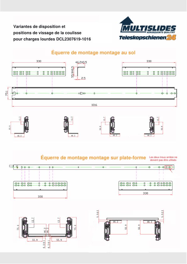 Positions de vissage pour l'article DCL2307619-1016