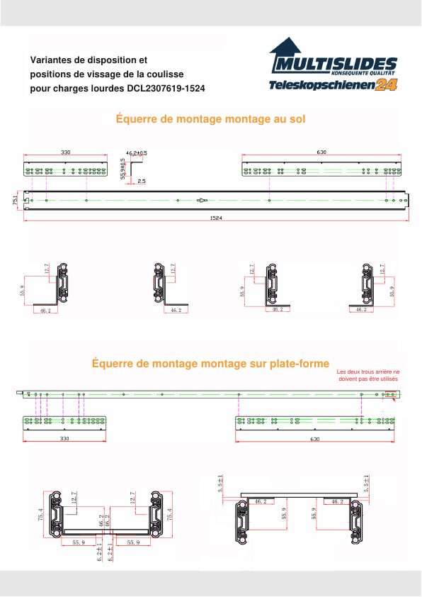 Positions de vissage pour l'article DCL2307619-1524