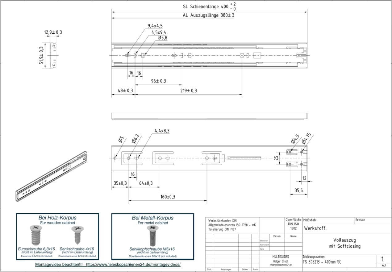 Dessin technique Extension télescopique TS 805213-400SC