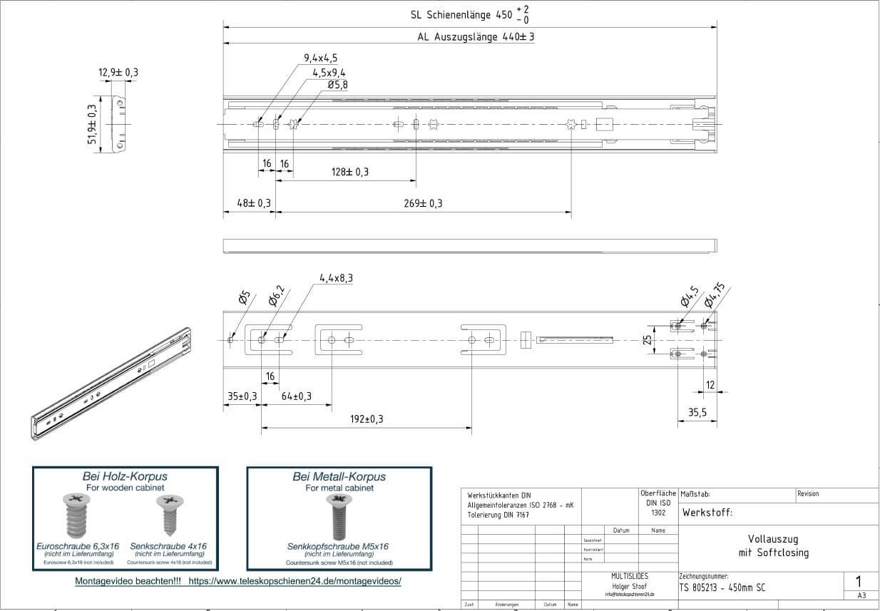 Technical drawing Telescopic pull-out TS 805213-450SC