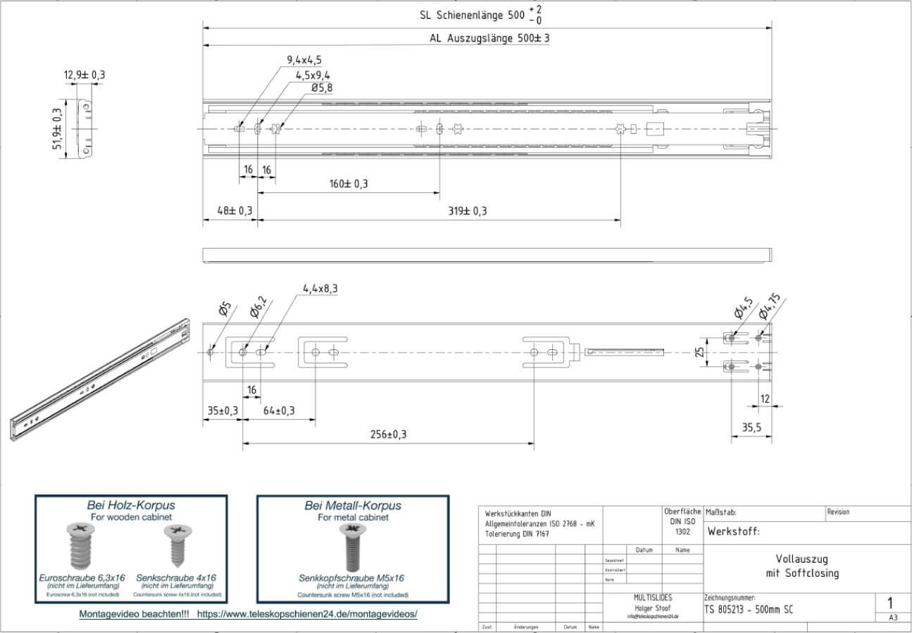 Disegno tecnico Estrazione telescopica TS 805213-500SC