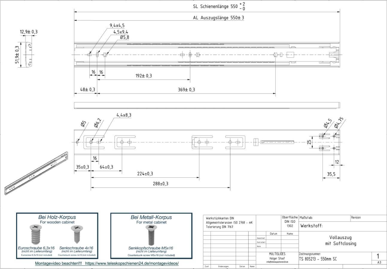 Technical drawing Telescopic pull-out TS 805213-550SC