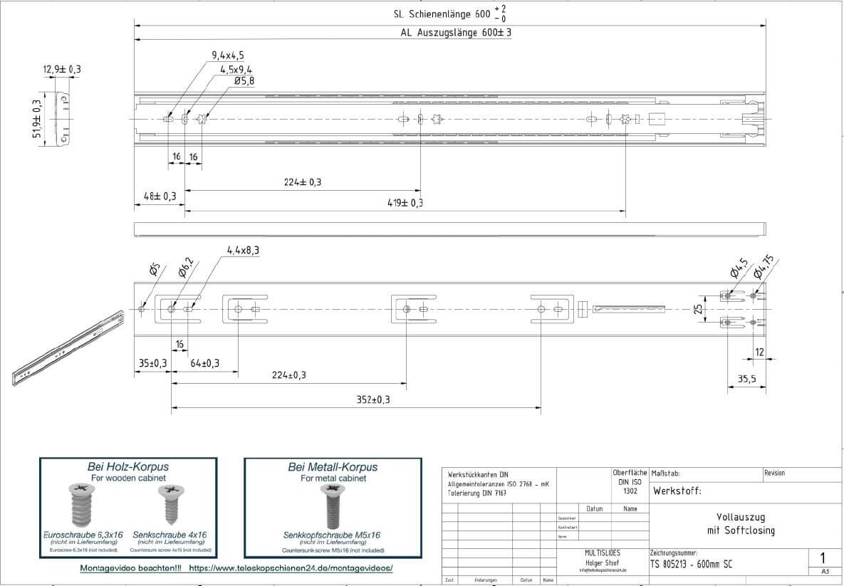 Dibujo técnico Guías telescópicas TS 805213-600SC