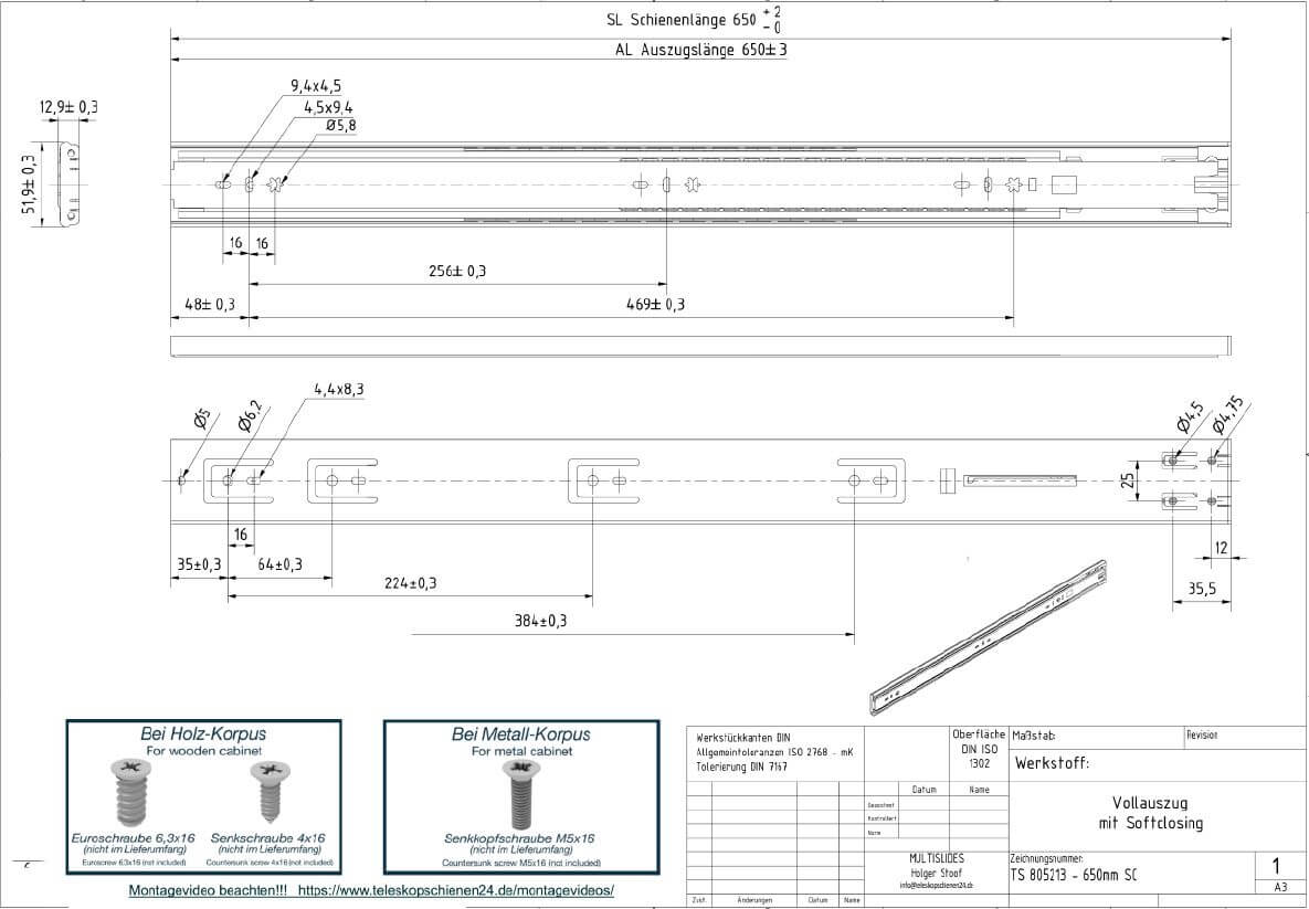 Dibujo técnico Guías telescópicas TS 805213-650SC