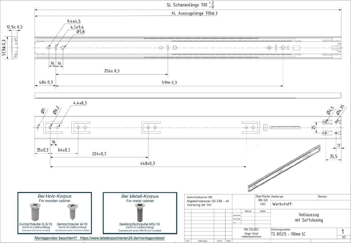 Dibujo técnico Guías telescópicas TS 805213-700SC
