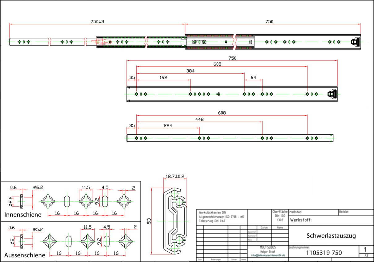 Technical drawing Heavy-duty slide 1105319-750
