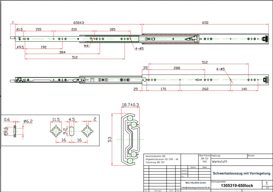 Technical drawing Heavy-duty slide 1305319-650lock