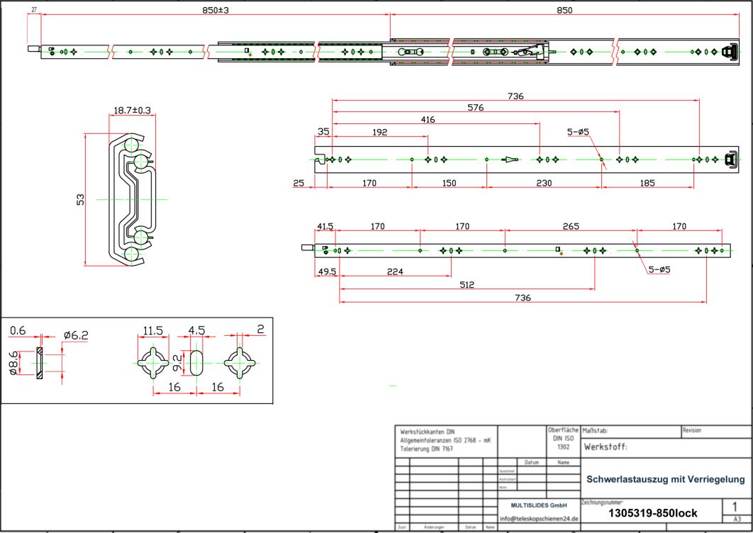 Technical drawing Heavy-duty slide 1305319-850lock