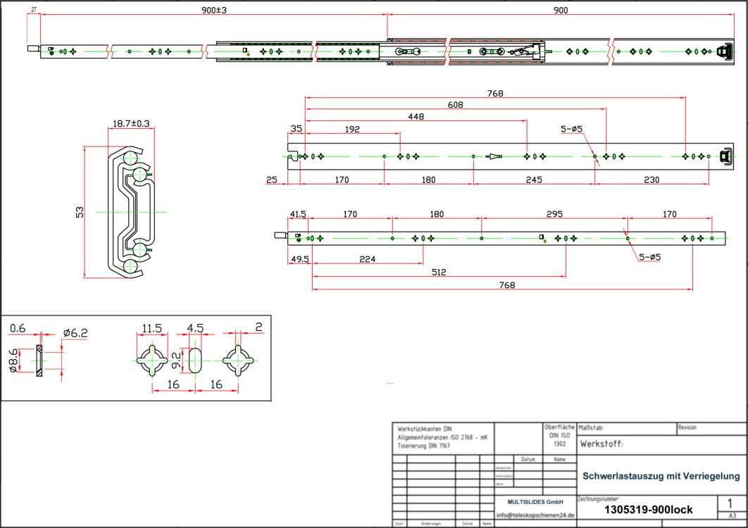 Technical drawing Heavy-duty slide 1305319-900lock
