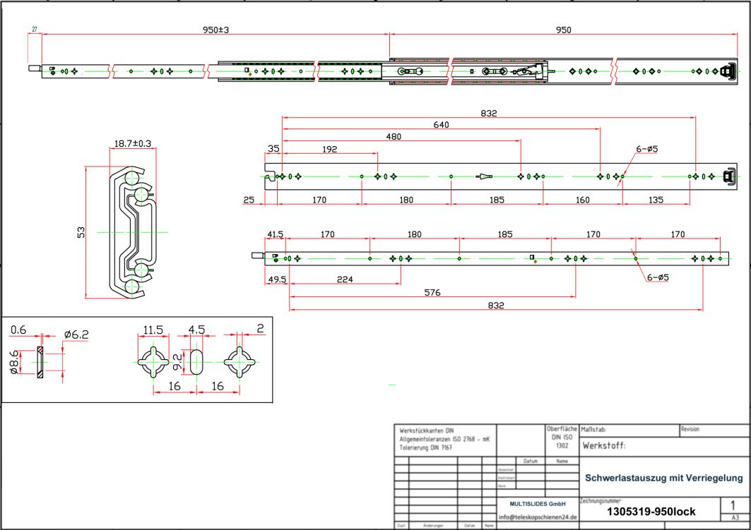 Technical drawing Heavy-duty slide 1305319-950lock