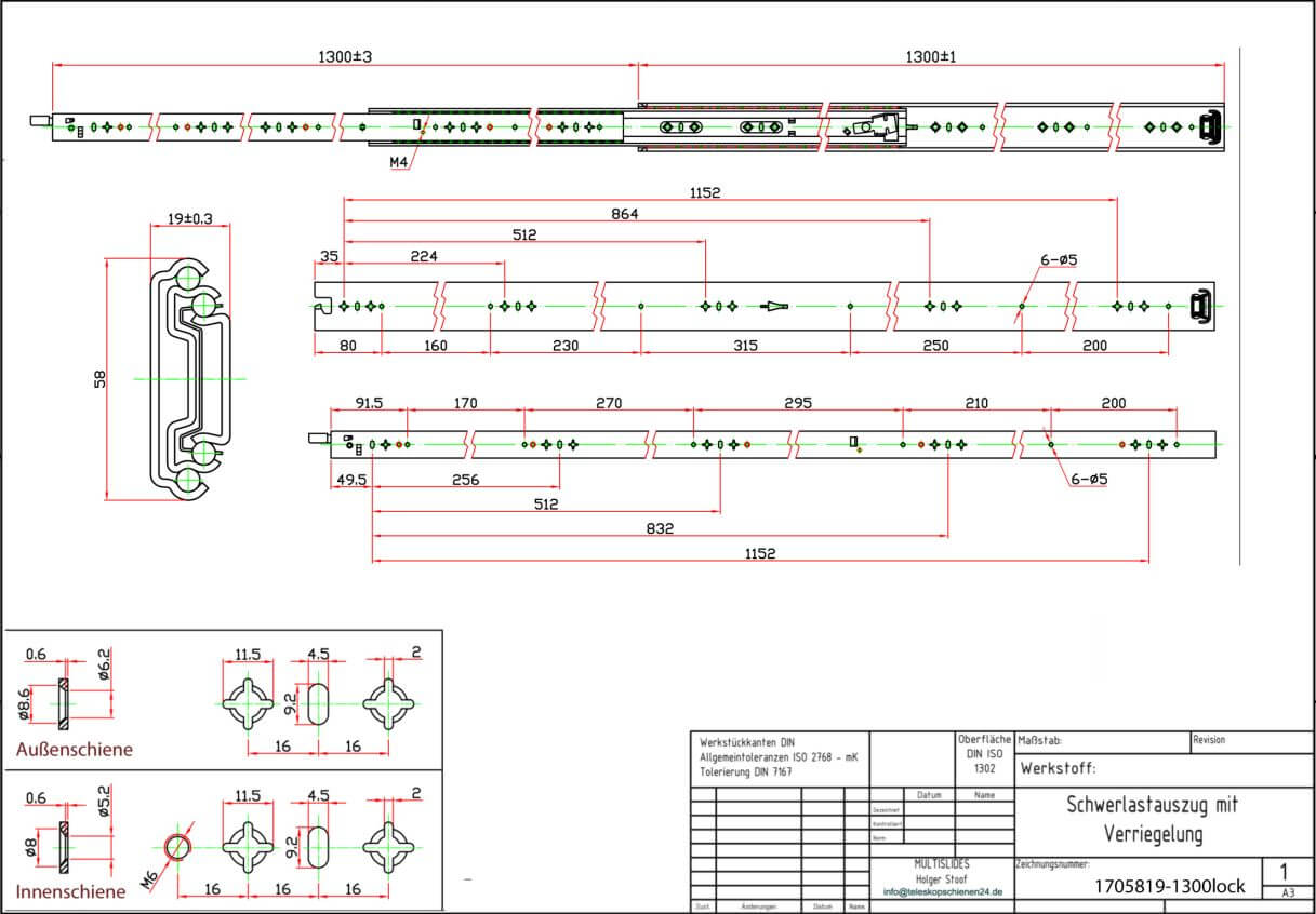 Technical drawing Heavy-duty slide 1705819-1300lock