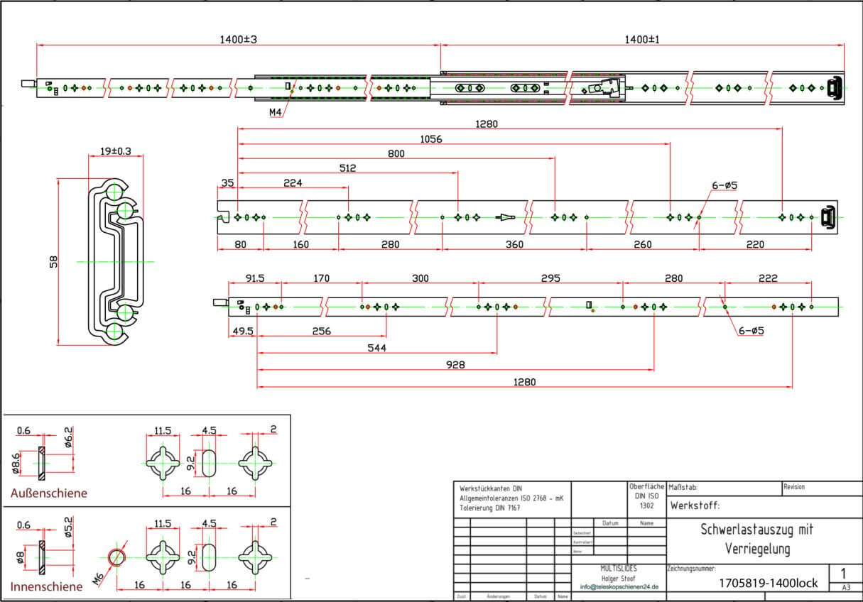 Technical drawing Heavy-duty slide 1705819-1400lock