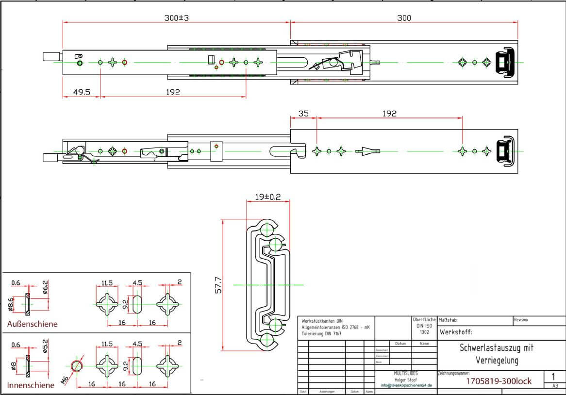 Technical drawing Heavy-duty slide 1705819-300lock
