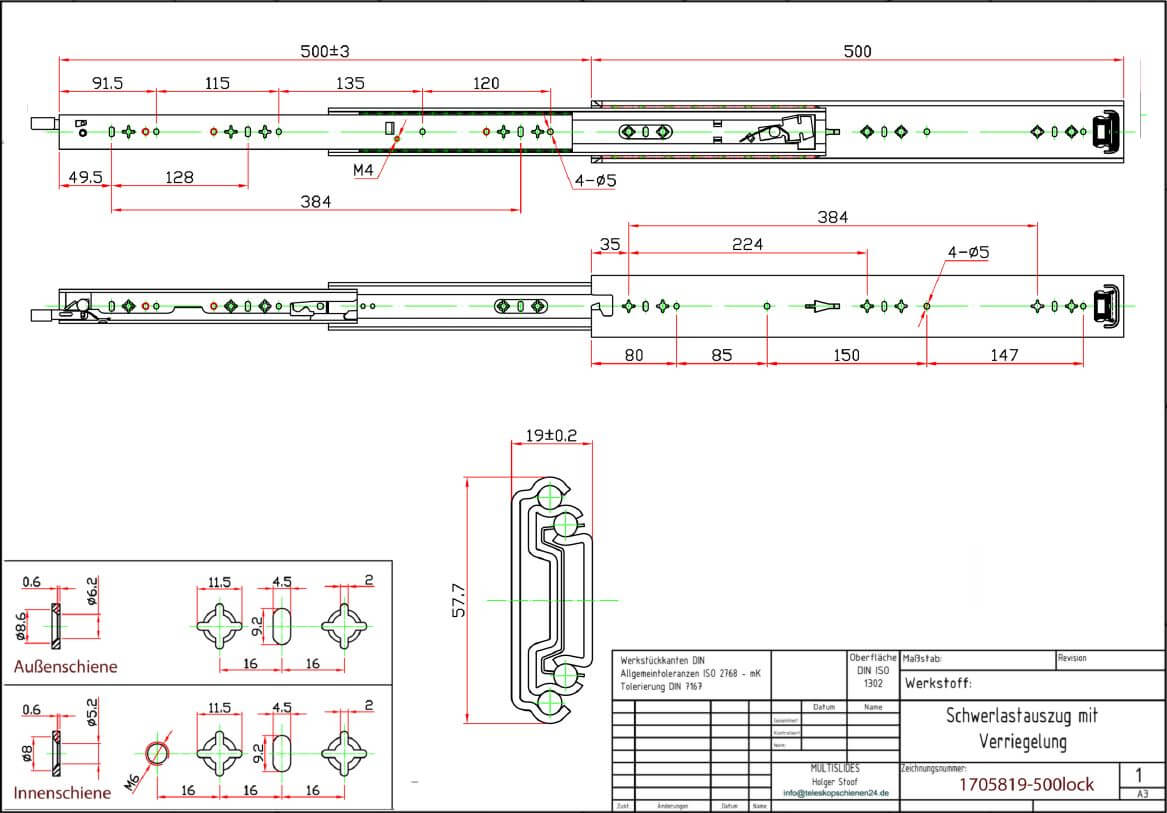 Technical drawing Heavy-duty slide 1705819-500lock