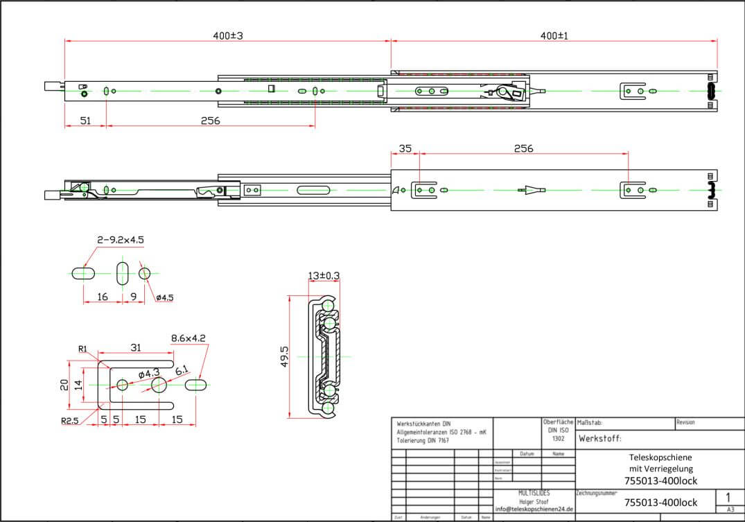 Dessin technique Rails télescopiques 755013-400lock