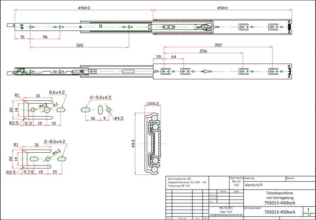 Dibujo técnico Guías telescópicas 755013-450lock