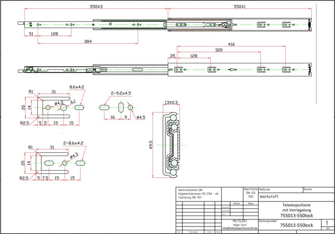 Dessin technique Rails télescopiques 755013-550lock