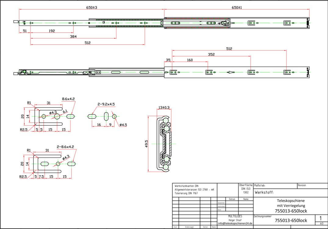 Technical drawing Telescopic slides 755013-650lock