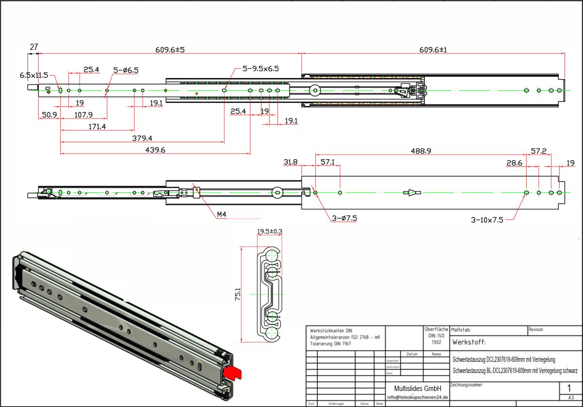 Technical drawing Heavy-duty slide BL-DCL2307619-609