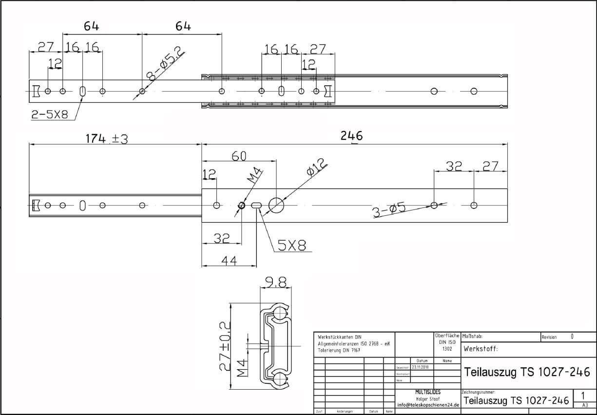 Dibujo técnico Extracción bidireccional de extensión parcial TS 1027-246