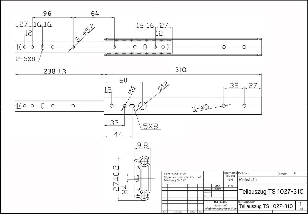 Technical drawing Partial extension two-way pull-out TS 1027-310