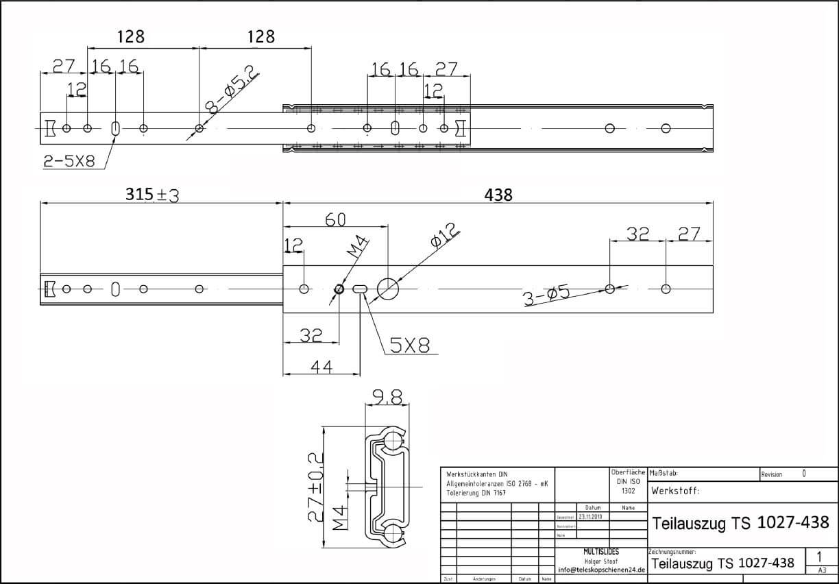 Dibujo técnico Extracción bidireccional de extensión parcial TS 1027-438