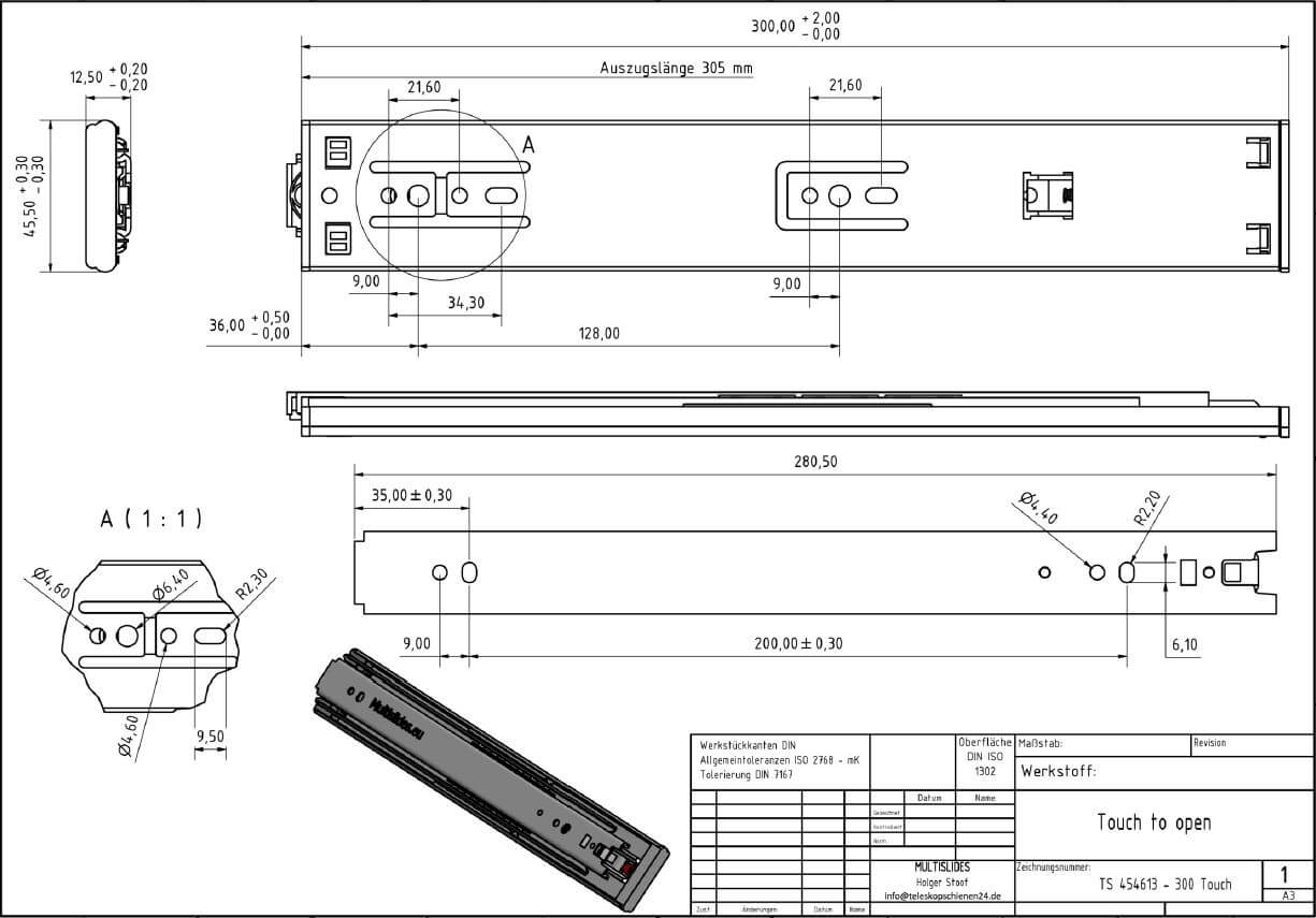 Dibujo técnico Guías telescópicas TS 454613-300 Touch