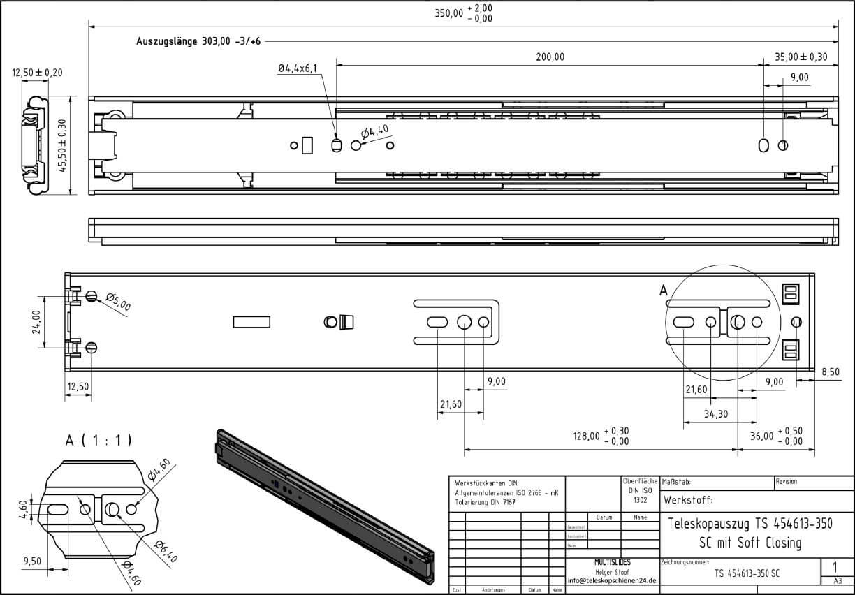 Dibujo técnico Guías telescópicas TS 454613-350SC