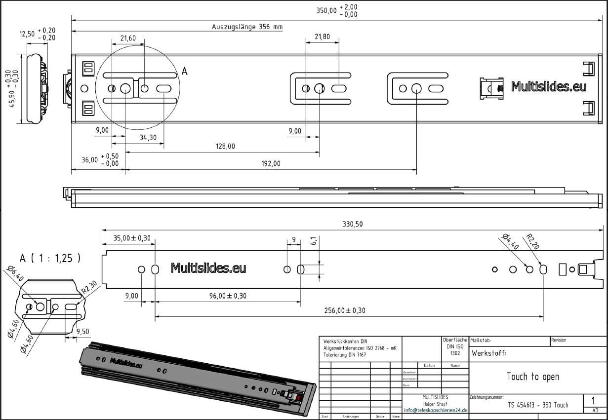 Dibujo técnico Guías telescópicas TS 454613-350 Touch