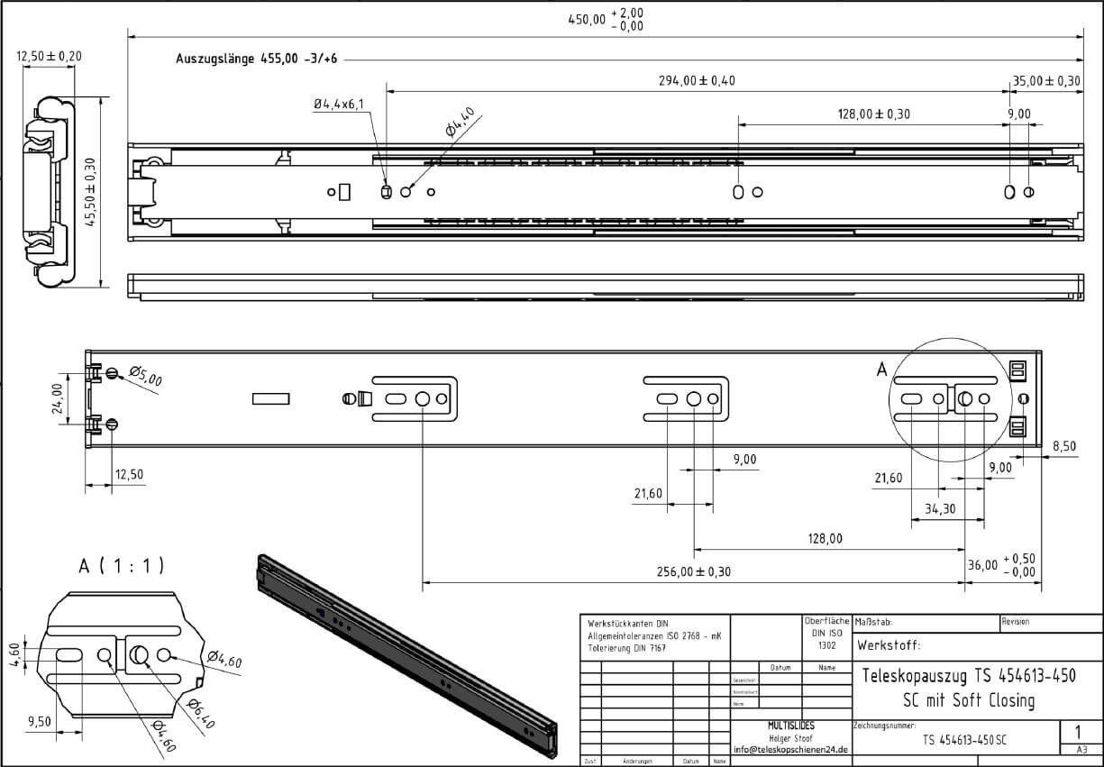 Technical drawing Telescopic pull-out TS 454613-450SC