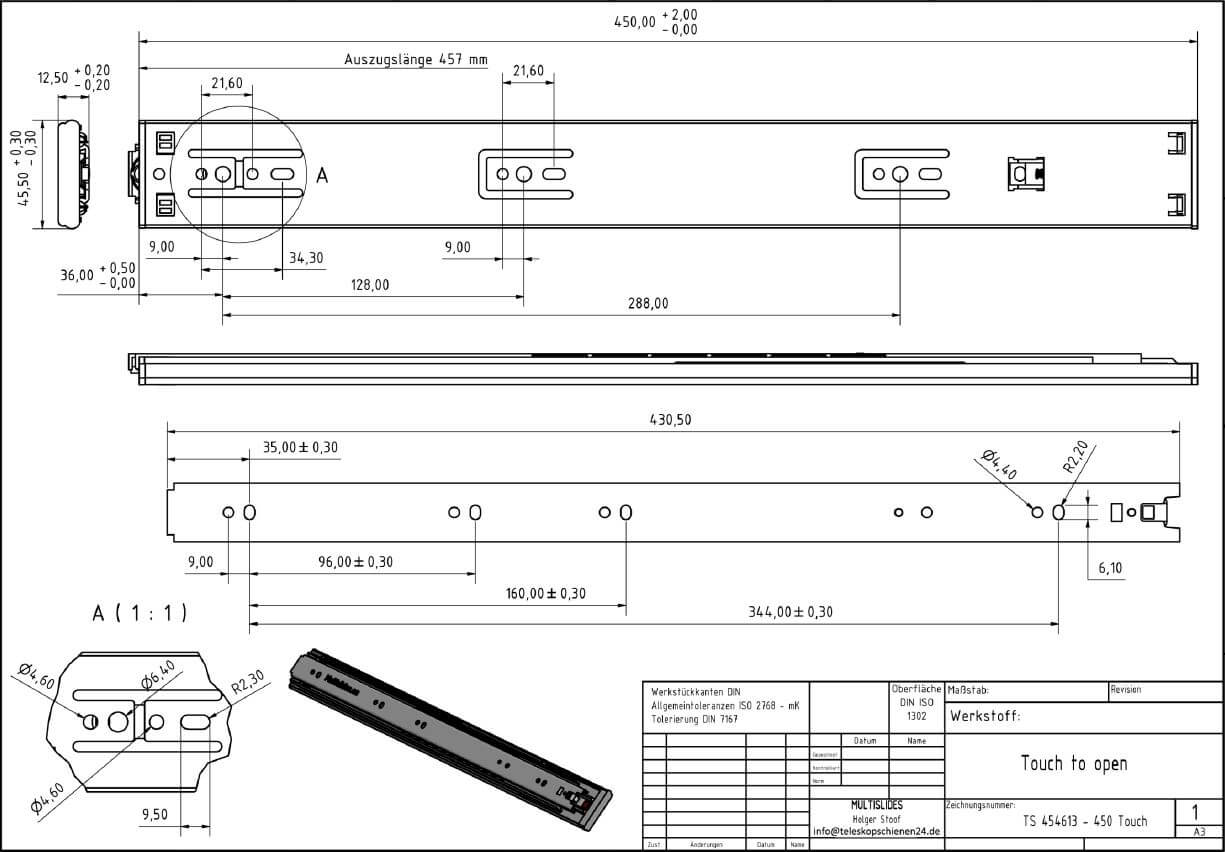 Dibujo técnico Guías telescópicas TS 454613-450 Touch