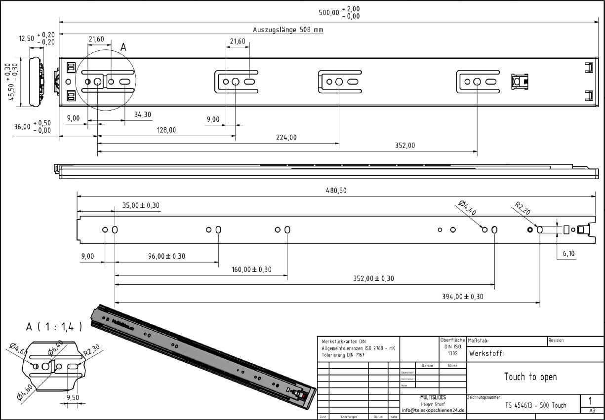 Dibujo técnico Guías telescópicas TS 454613-500 Touch