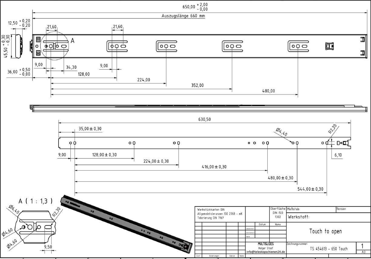 Disegno tecnico Estrazione telescopica TS 454613-650 Touch