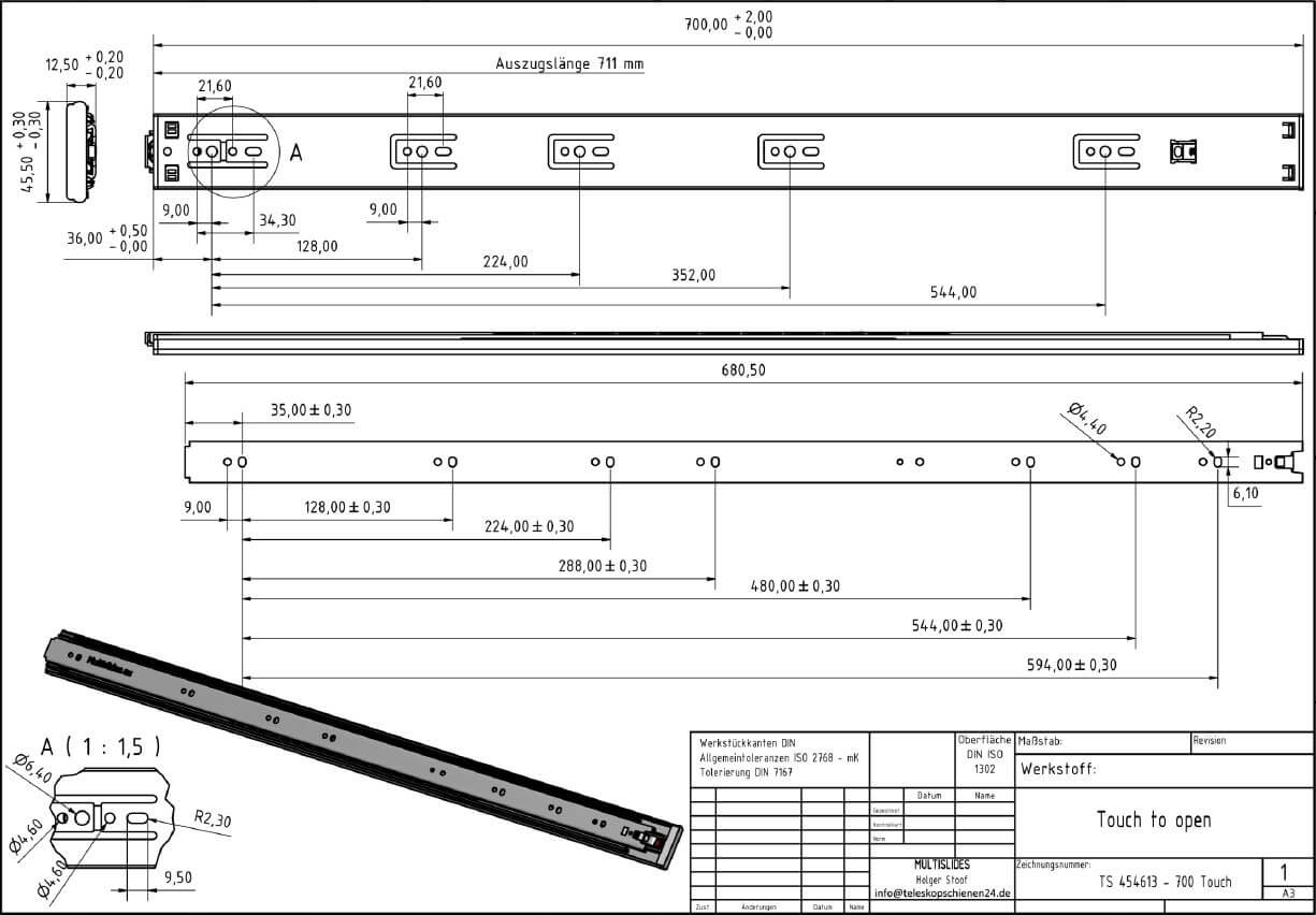 Dibujo técnico Guías telescópicas TS 454613-700 Touch