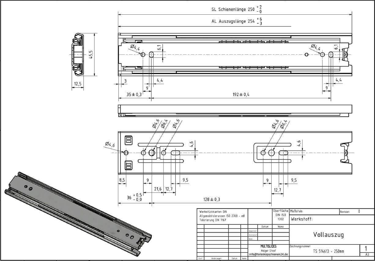 Technical drawing Telescopic pull-out TS 514613-250