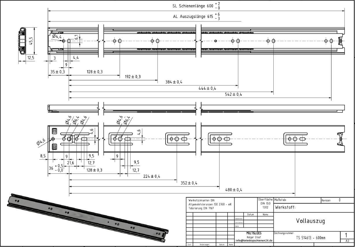 Dibujo técnico Guías telescópicas TS 514613-600