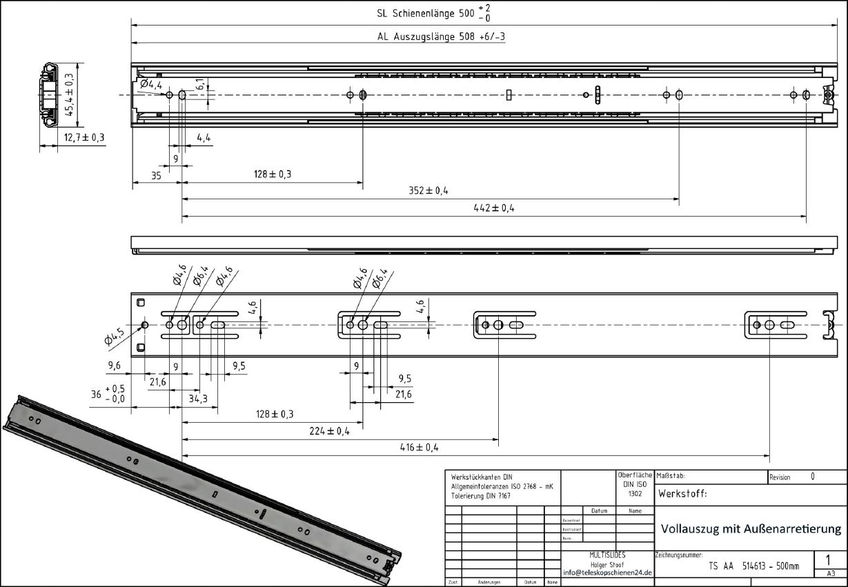 Dibujo técnico Guías telescópicas TS-AA 514613-500