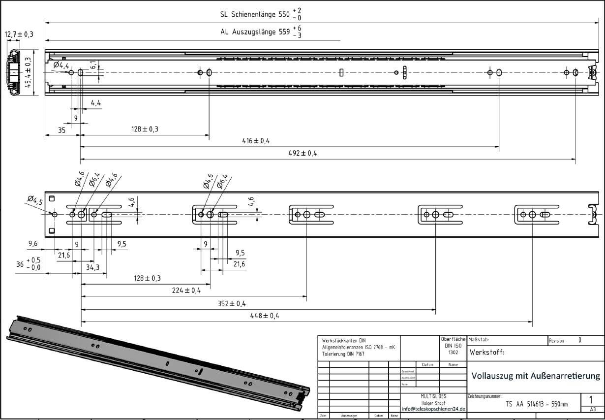Dibujo técnico Guías telescópicas TS-AA 514613-550
