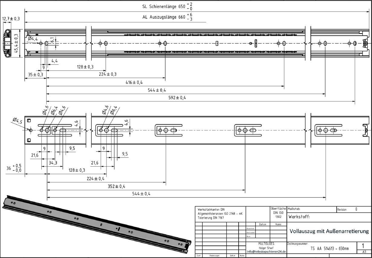 Technical drawing Telescopic pull-out TS-AA 514613-650