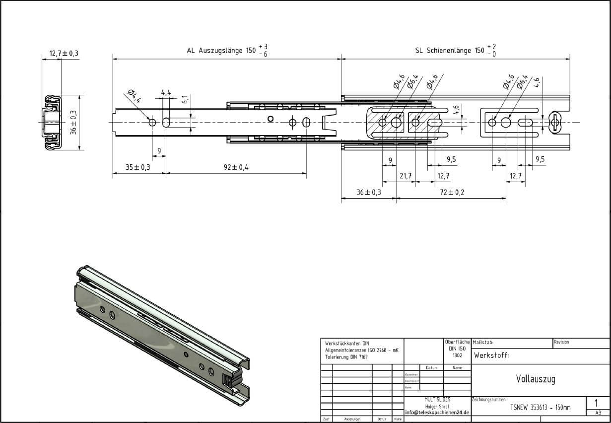 Dibujo técnico Guías telescópicas TSNEW 353613-150