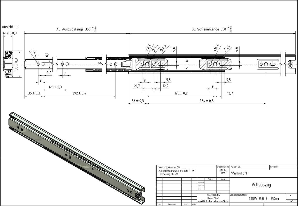 Technical drawing Telescopic pull-out TSNEW 353613-350