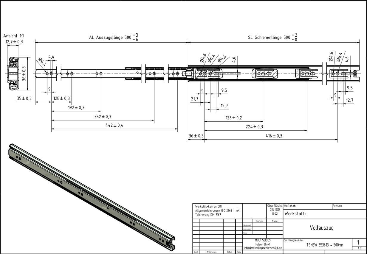 Technical drawing Telescopic pull-out TSNEW 353613-500