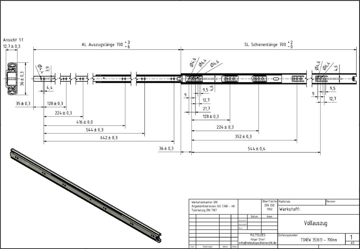 Technical drawing Telescopic pull-out TSNEW 353613-700