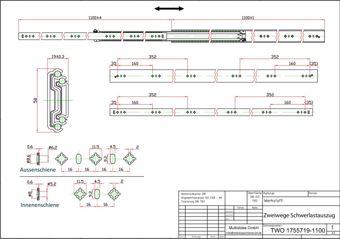 Technical drawing two way heavy duty slides TWO1755719-1100