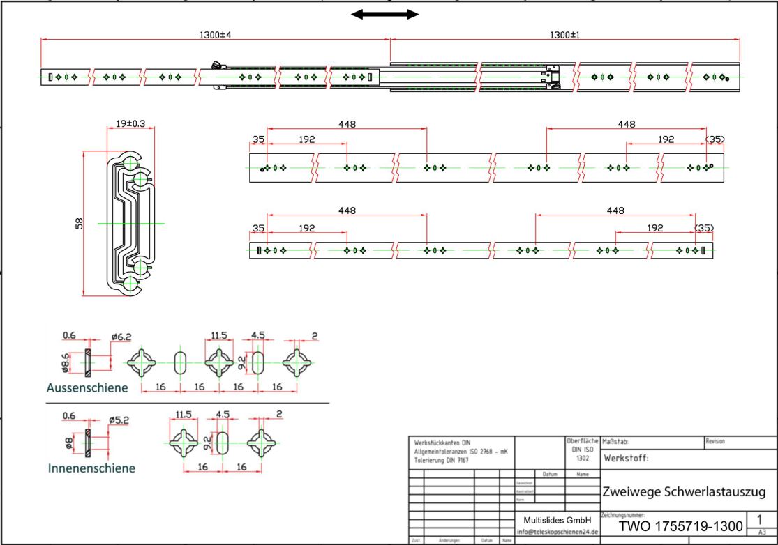 Technical drawing two way heavy duty slides TWO1755719-1300
