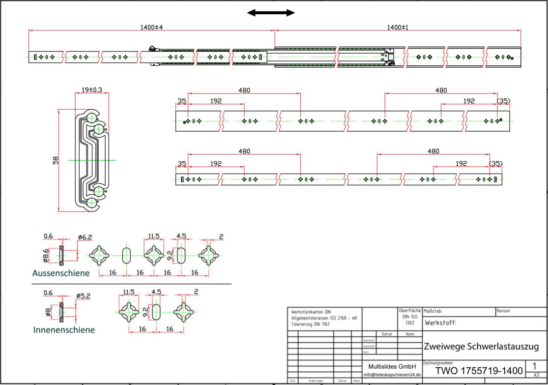 Dibujo técnico Extracción bidireccional de alta resistencia TWO1755719-1400